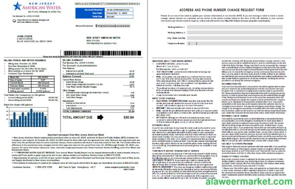 USA American Water utility bill template in Word and PDF formats, 2 pages, version 2